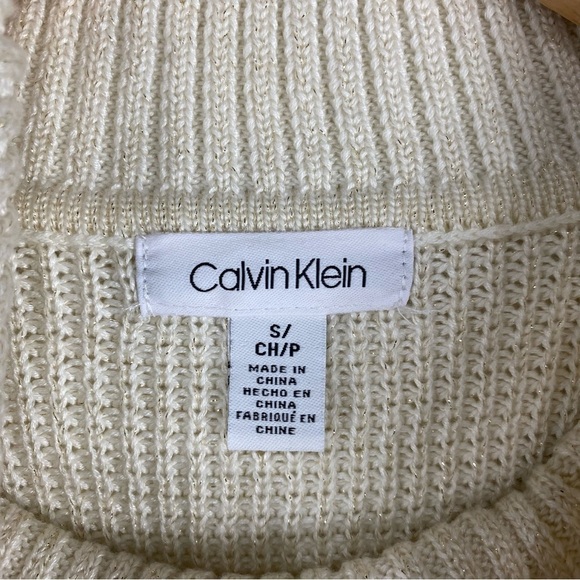 Calvin Klein Shimmer Glitter Gold Ribbed Knit Mock Neck Pullover Sweater Small - Picture 4 of 6